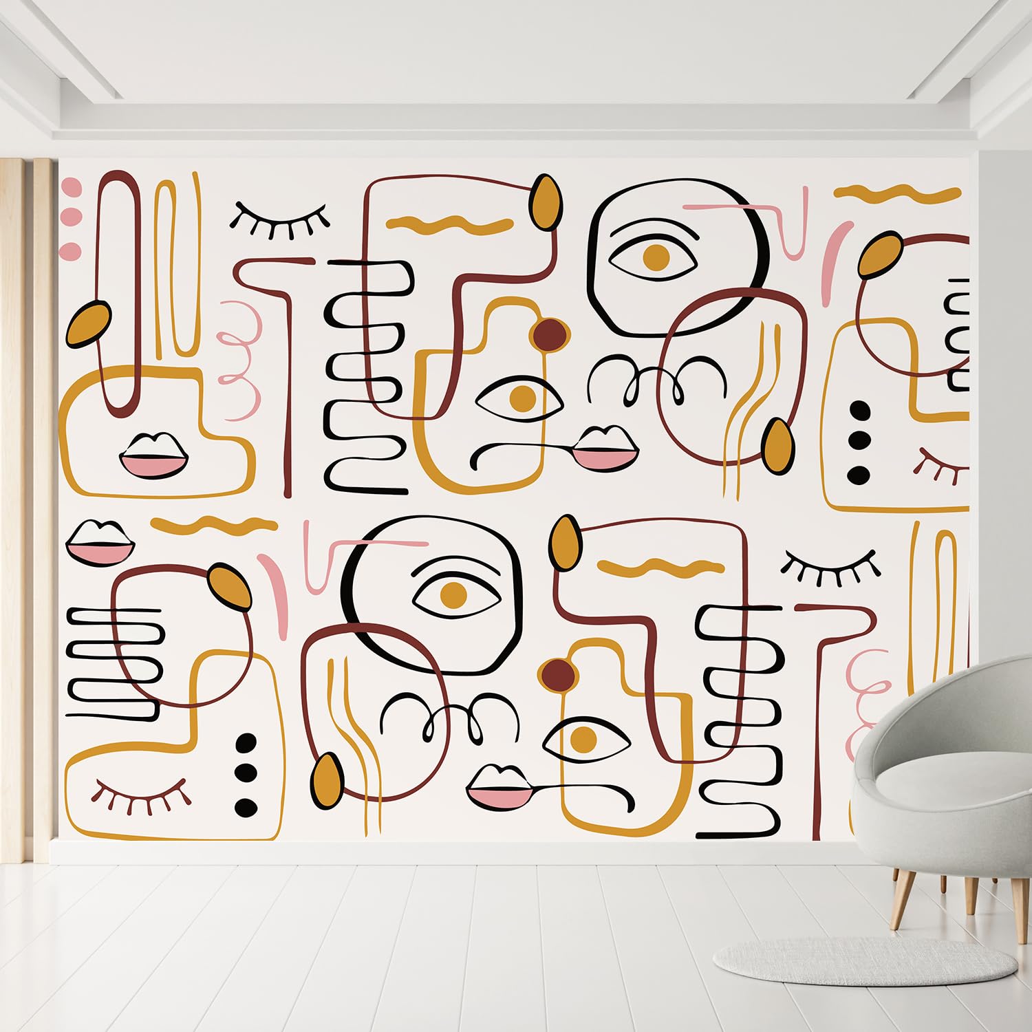 MUDECOR Wall Mural Contemporary Black and White Faces Abstract with Symmetrical Removable Self-Adhesive Wallpaper Wall Decoration for Bedroom Living