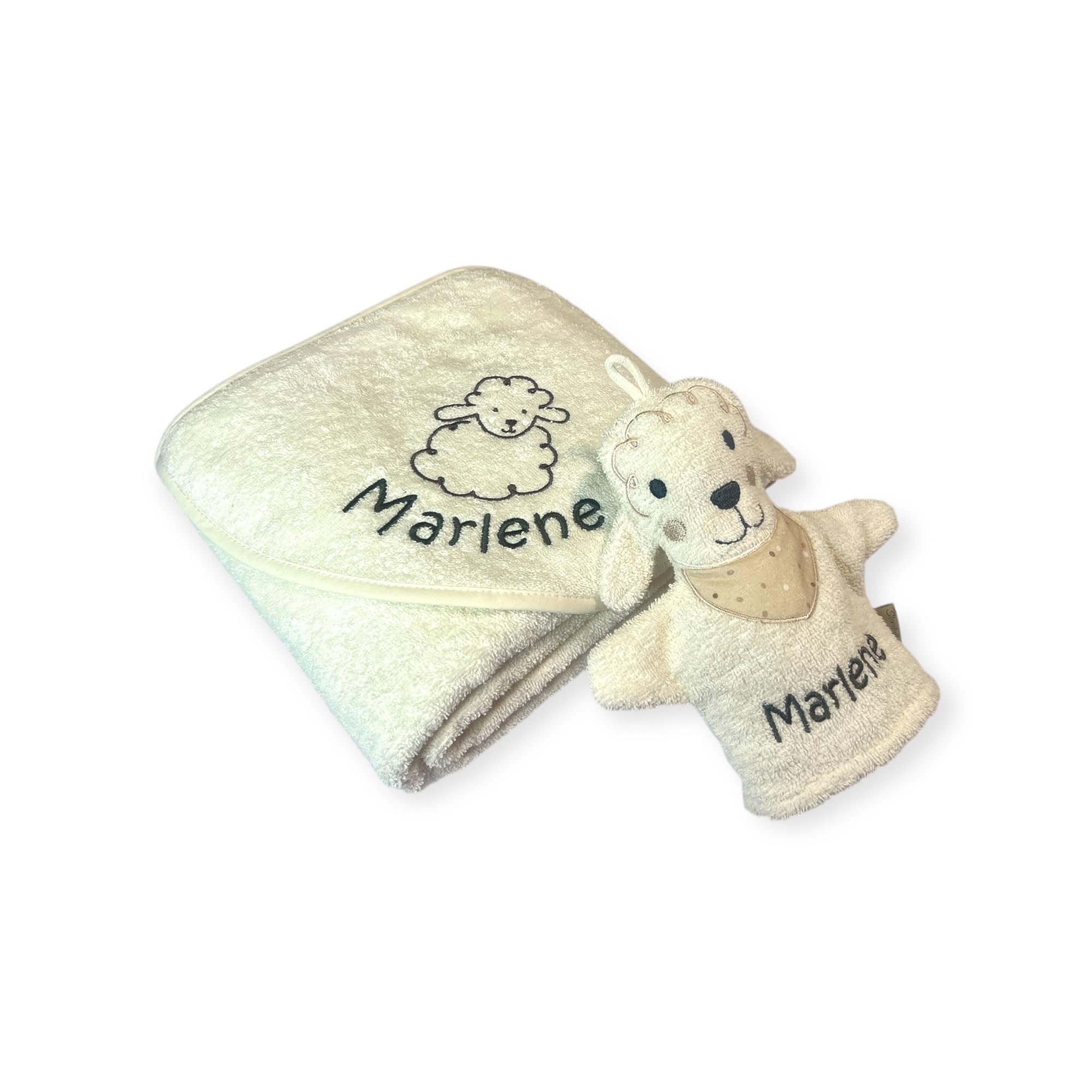Kapuzenhandtuch mit Spiel-Waschhandschuh von Sterntaler, personalisiert, Geschenk-Set (beige) Schaf Flocke