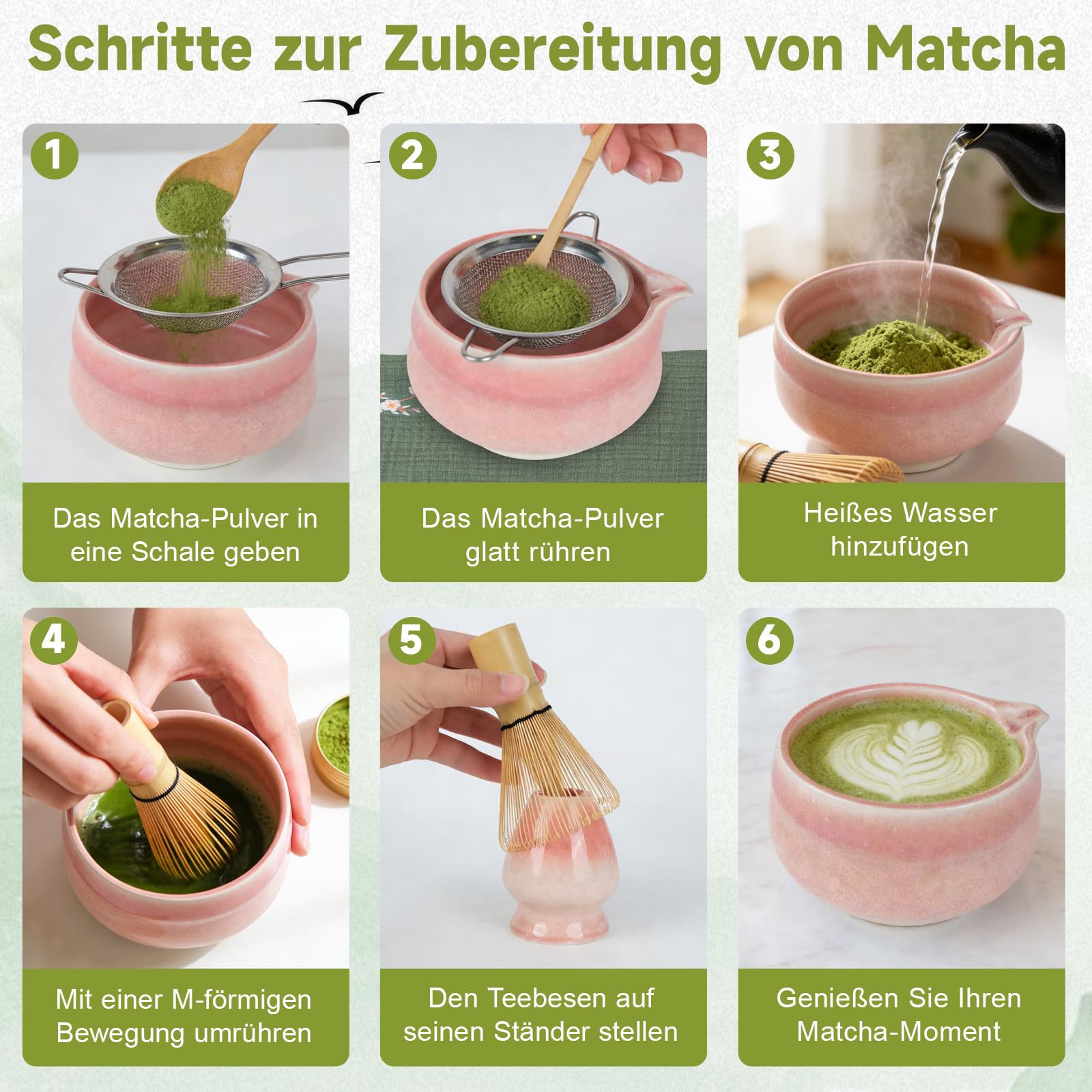 Voarge Zestaw 8 sztuk do matchy, ceramiczna miska (Chawan) z dzióbkiem i miotłą bambusową, japoński zestaw do matchy dla miłośników matchy, gradient różowy