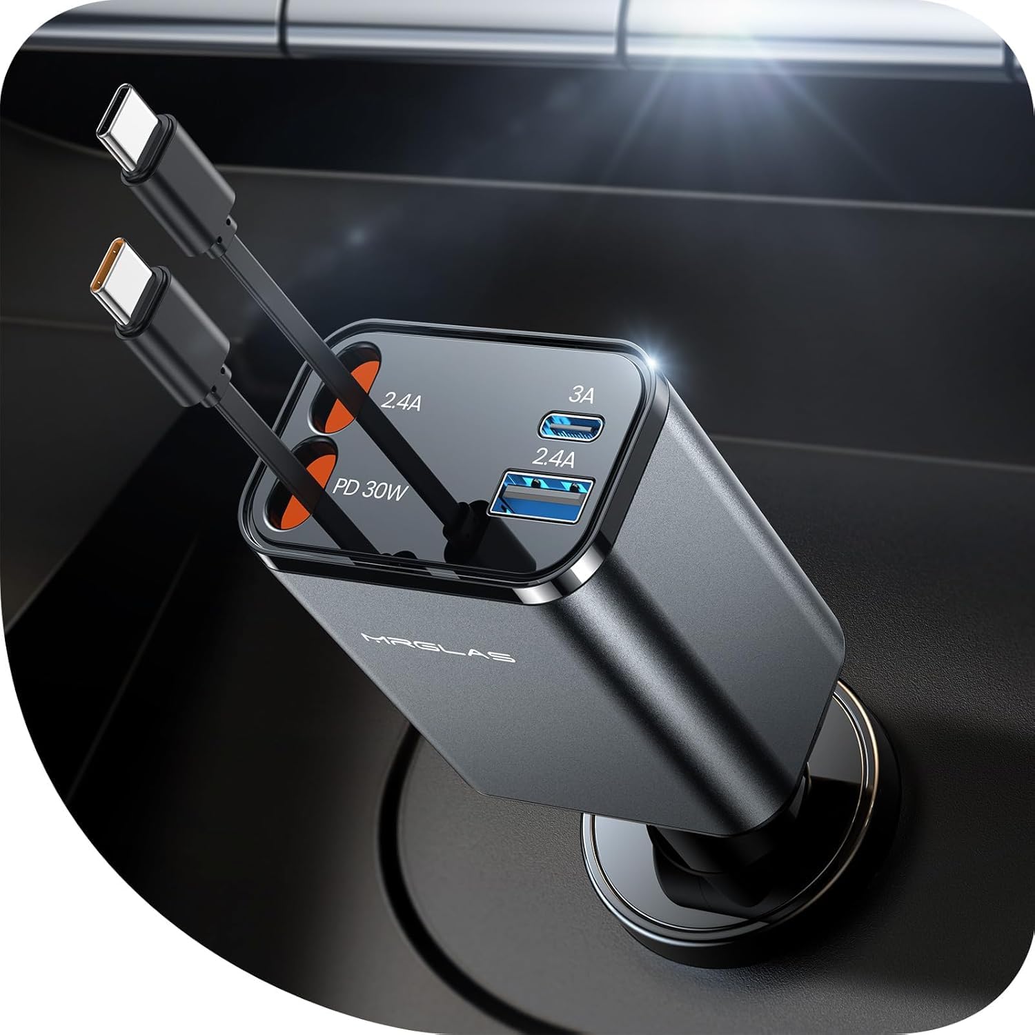 Caricabatteria da auto retrattile per iPhone 17, 69 W, 4 in 1, USB C, ricarica rapida con cavo di tipo C, adattatore per accendisigari per iPhone 17 16 Pro Max Samsung S25 iPad, accessori auto da uomo