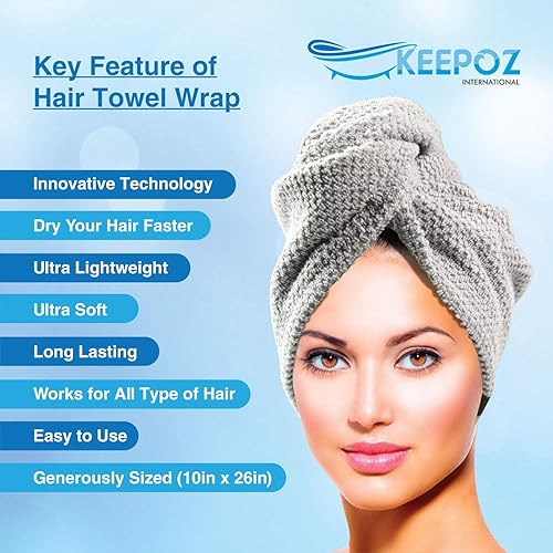 Miniatura 4 de KEEPOZ Toalla para el cabello de secado rápido, 100% algodón, súper absorbente, turbante para la cabeza para mujeres con botón, sin microfibra,