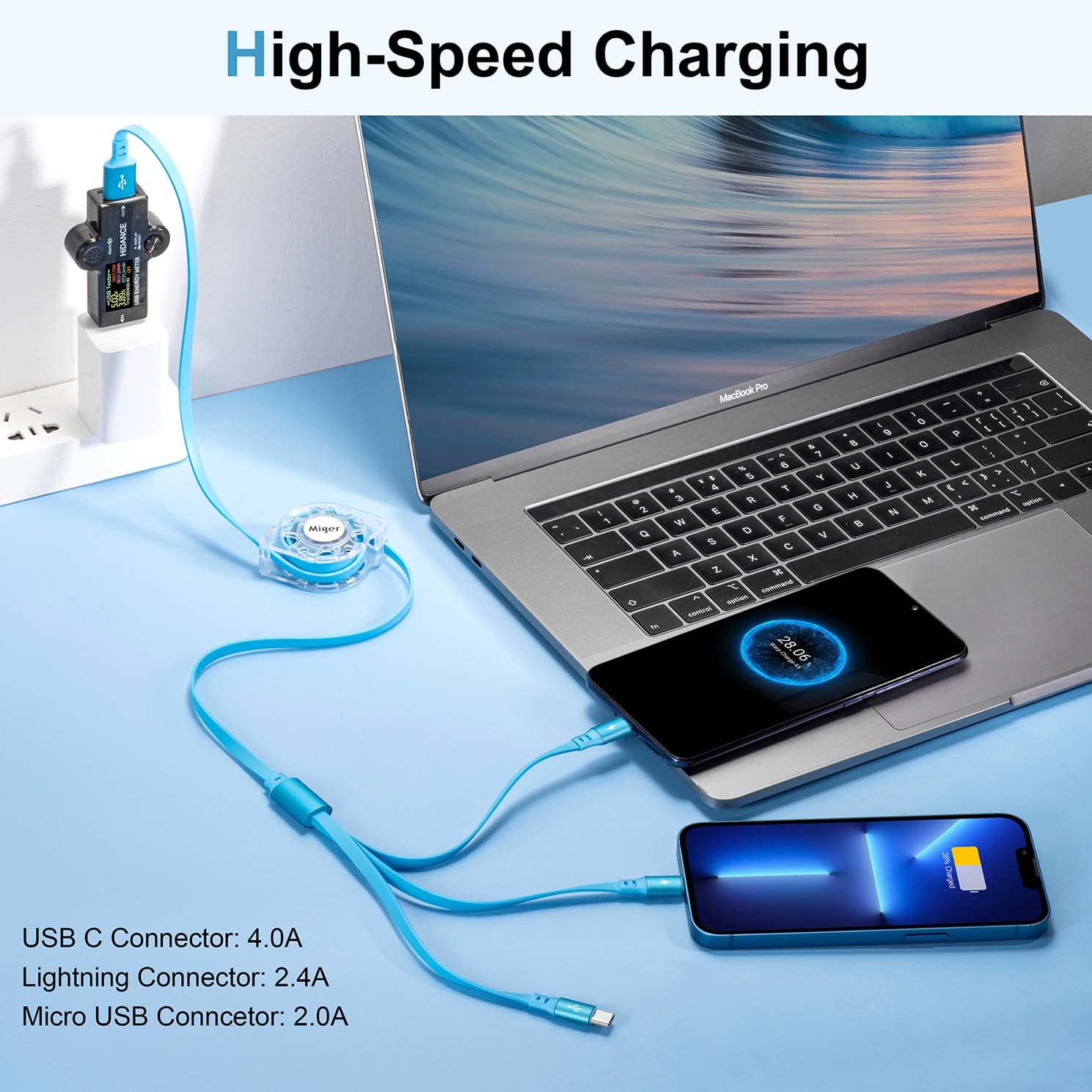 Multi Fast Charging Cable 4.5A [2Pack/4Ft] Retractable Multi Charger Cable Type C/Lightning/Micro USB Port 3 in 1 Multi USB Cable for Samsung Galaxy S22,iPhone,Huawei,LG,Pixel,Tablets,HTC,Sony,Xiaomi