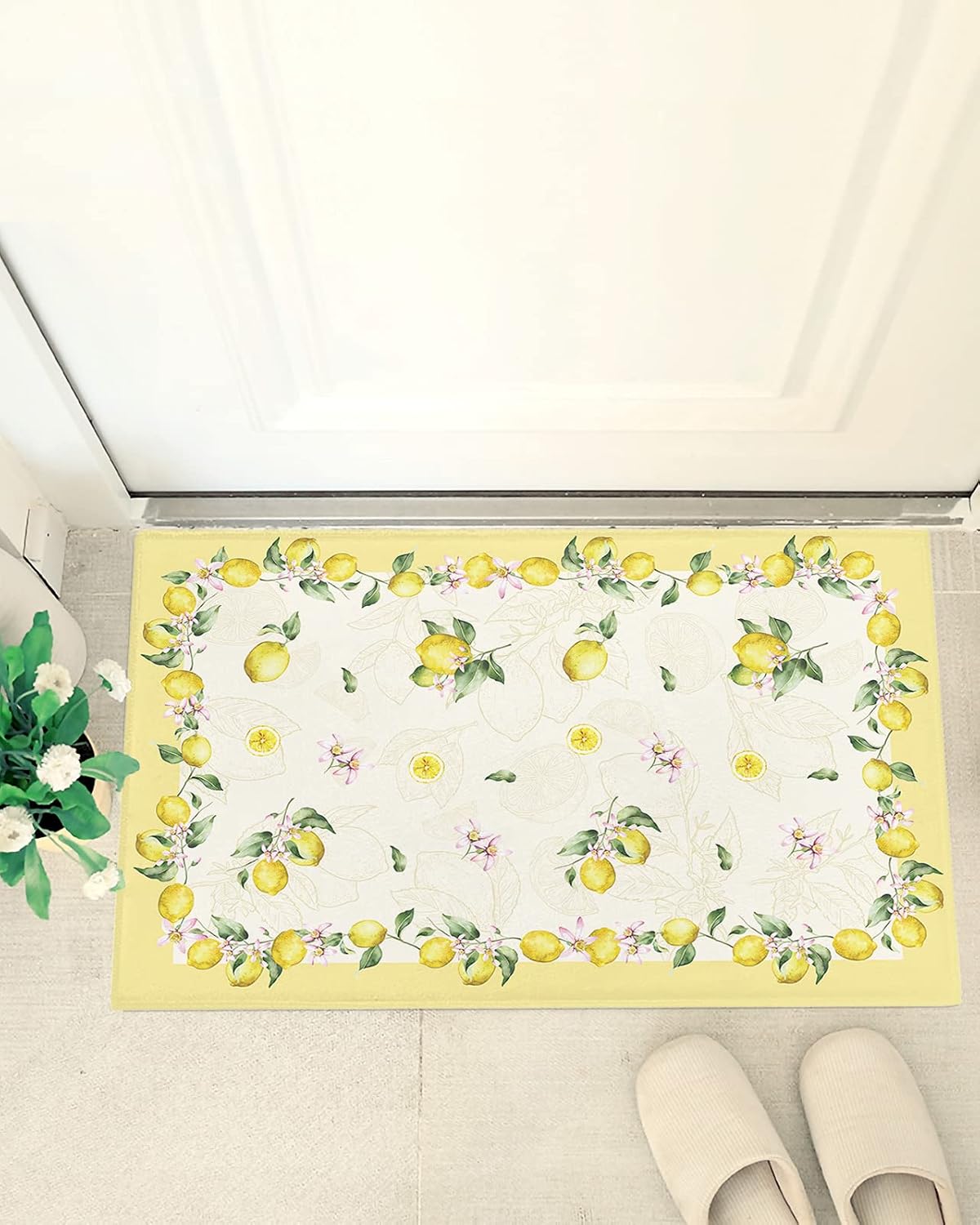 Shag Door Mats Bath Rugs Pastoral Yellow Fruit Lemon,Soft Fluffy Doormats Non Slip Carpet Watercolor Farm Green Leaf Plant,Shaggy Fuzzy Area Throw Rug for Kitchen/Bathroom/Bedroom/Living Room 16x24In
