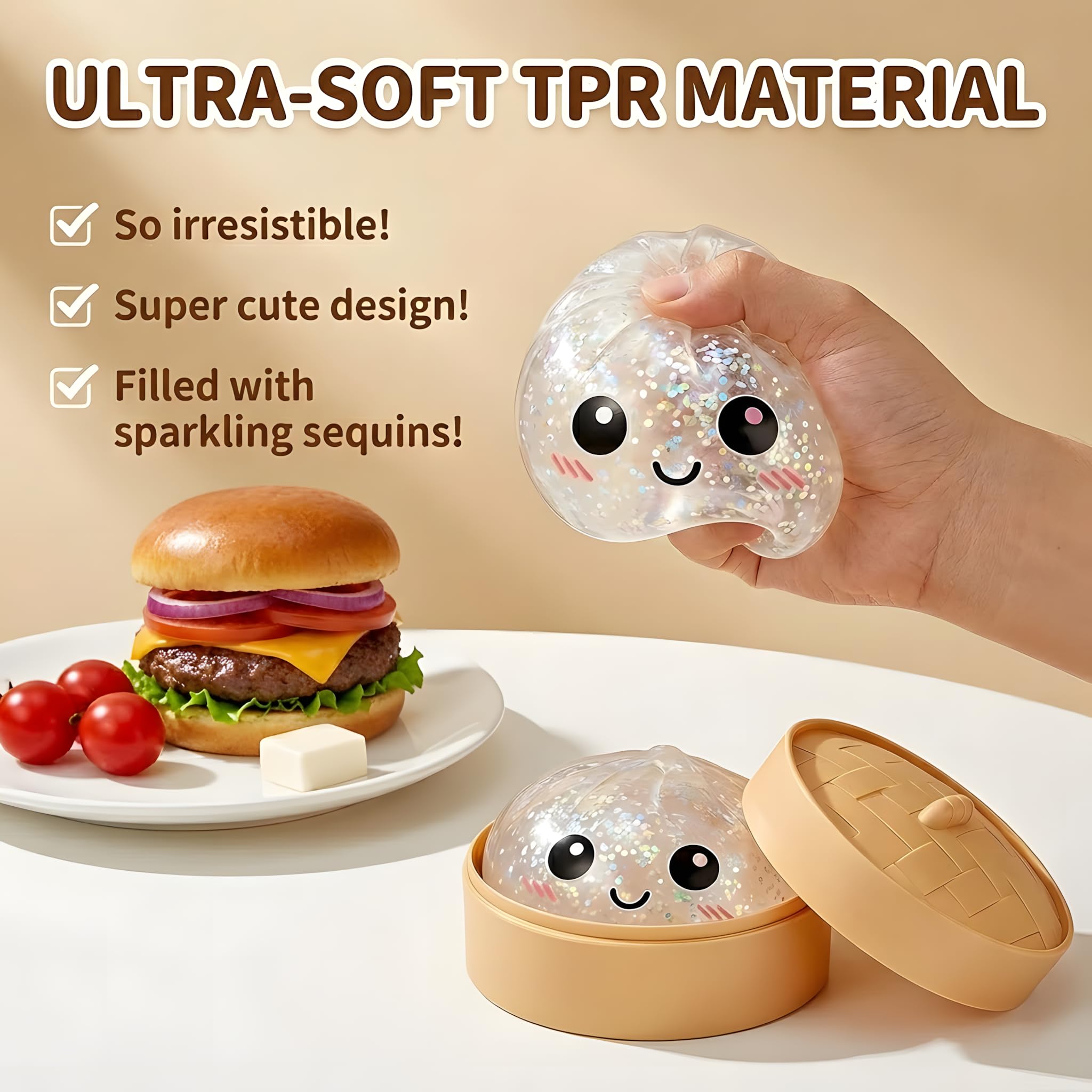 2026 New Glitter Dumpling Squishy, Mystery Dumpling Squishy with Steamer Box, Slow Rising Stress Relief Squeeze, Soft Dumpling Squishy Desk Accessory Novelty Gift — view 3