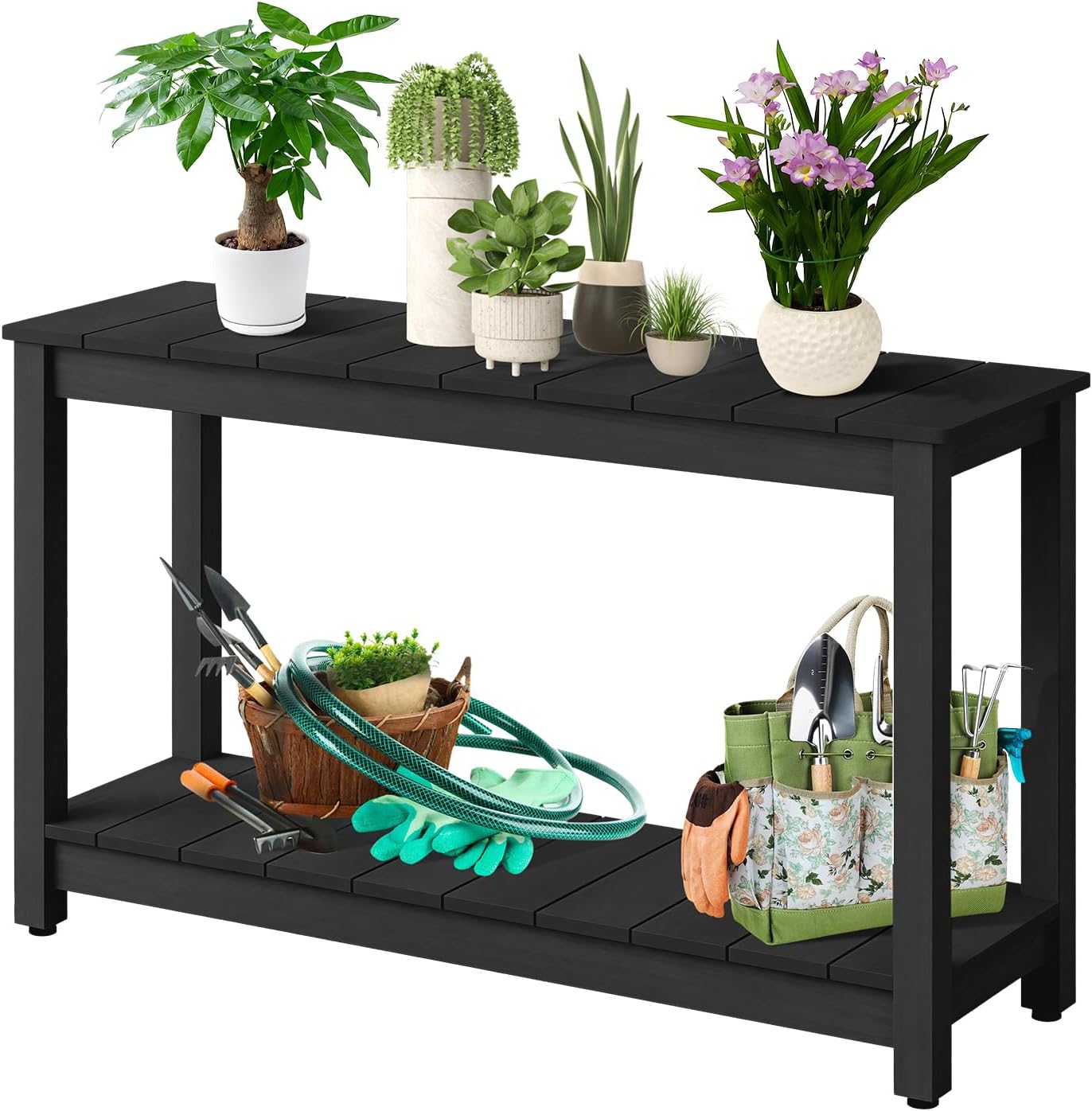 GarveeLife 48-Inch Weatherproof Wood Outdoor Console Table - 2-Tier Rust-Resistant Side Table for Patio, Porch, Garden