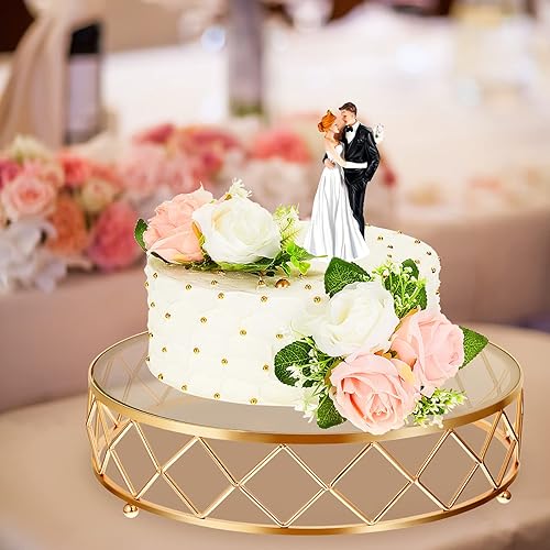 Miniatura 7 de Nuanchu Soporte redondo de metal geométrico de 14 pulgadas para tartas de boda, soporte metálico brillante para tartas con parte superior de vidrio