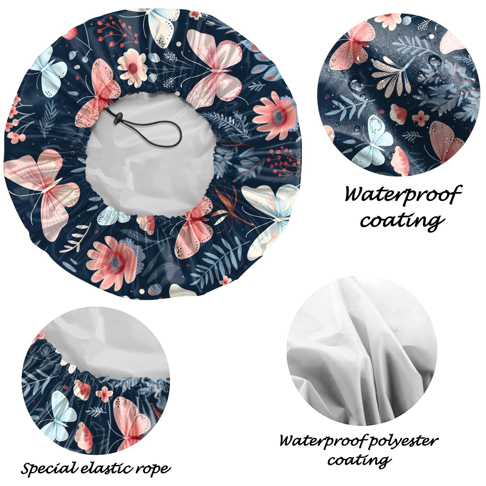 Deokke 2 PCS Shower Cap Reusable Large Waterproof Adjustable Double Layer Elastic Dry Hair Bathing Caps Aesthetic Cute for Women Girls (Q12-Butterfly) - Image 3