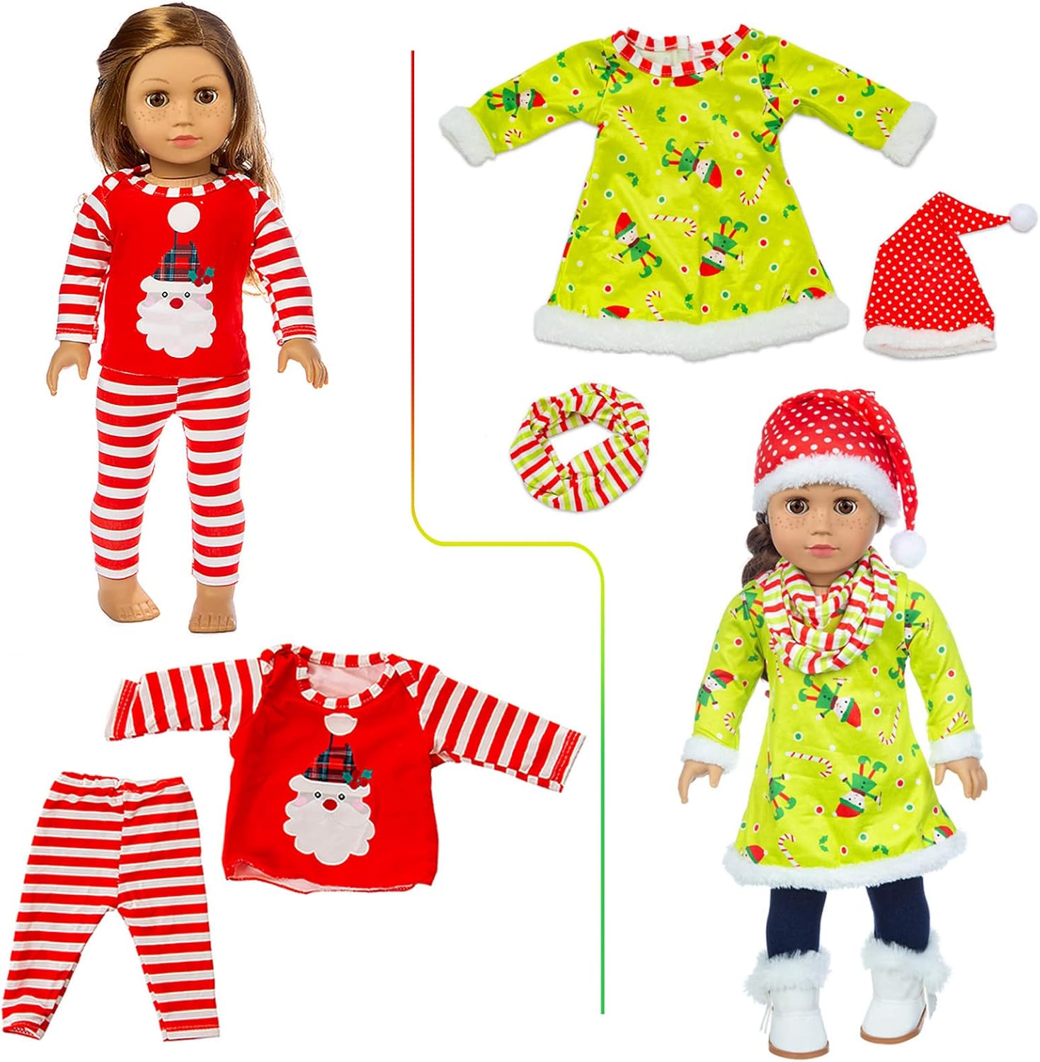 4 Sets Christmas 18 inch Doll Clothes Accessories for 18 inch Dolls Include Sweater, Dress, Rompers, Outfits, Hat, Scarf, Gloves (No Doll, No Shoes)