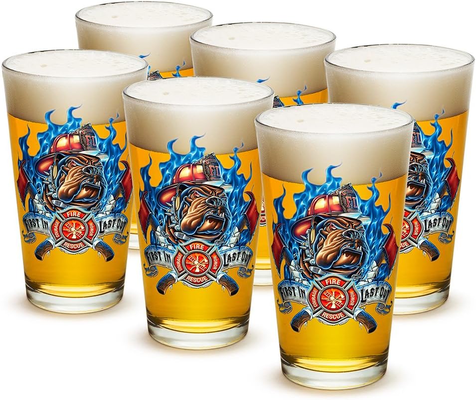 Erazor Bits Firefighter Fireman - First In last out - Classic Premium Beer Pint Glasses 16 Ounce - Set of 24 - Highball Cocktail Mixing Glass - Perfect for Cold Beverages - With Logo