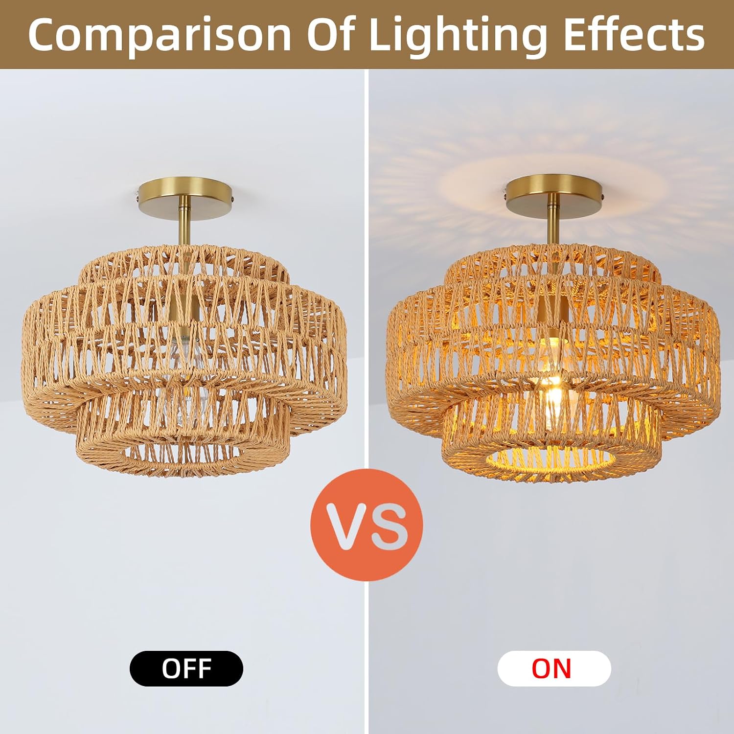 16 Inch Semi - Flush Mount Ceiling Light, Bohemian Style 3 - Layer Drum Rattan Pendant Lamp, Boho Wicker Chandelier for Bedroom, Living Room, Porch & Kids Room, Natural Rattan Lighting Fixture
