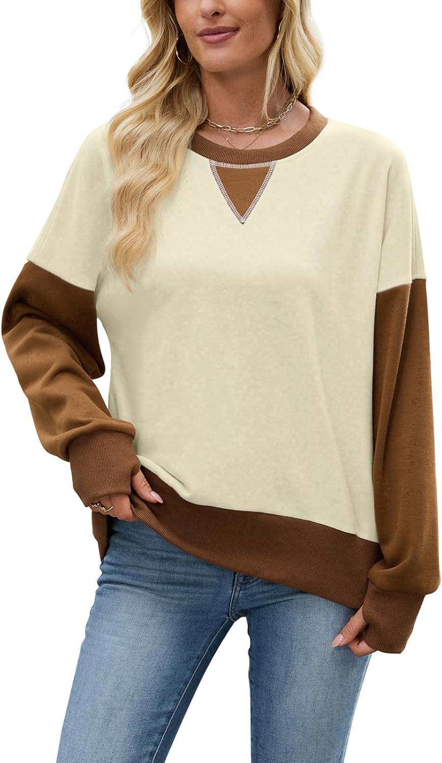 Women's Casual Color Block Sleeve Drop Shoulder Thumbhole Sweatshirt Soft Oversized Pullover Sweatshirts - Image 2
