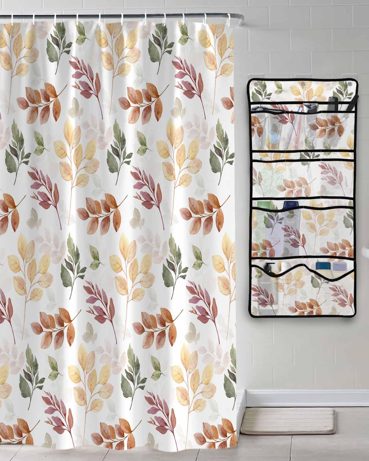 Decorative Shower Curtain Sets Thanksgiving Fall Fabric Waterproof Shower Curtains Colorful Eucalyptus Leaves Textured White Mesh Shower Caddy