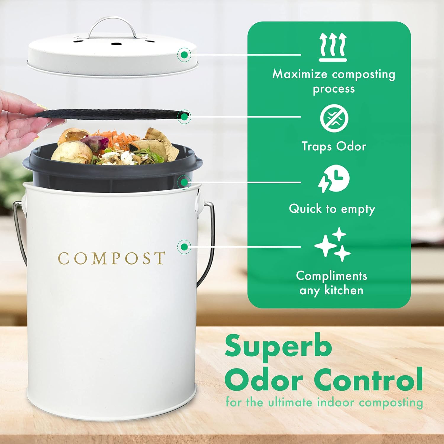 Compost BIN - Farmhouse Kitchen Compost Bin for Kitchen Counter Bonus Inner Compost Bucket for Kitchen, 2 Fruit Fly Trap Filters. Composter for Zero Waste. Countertop Compost Bin, Compost Pail: Home & Kitchen