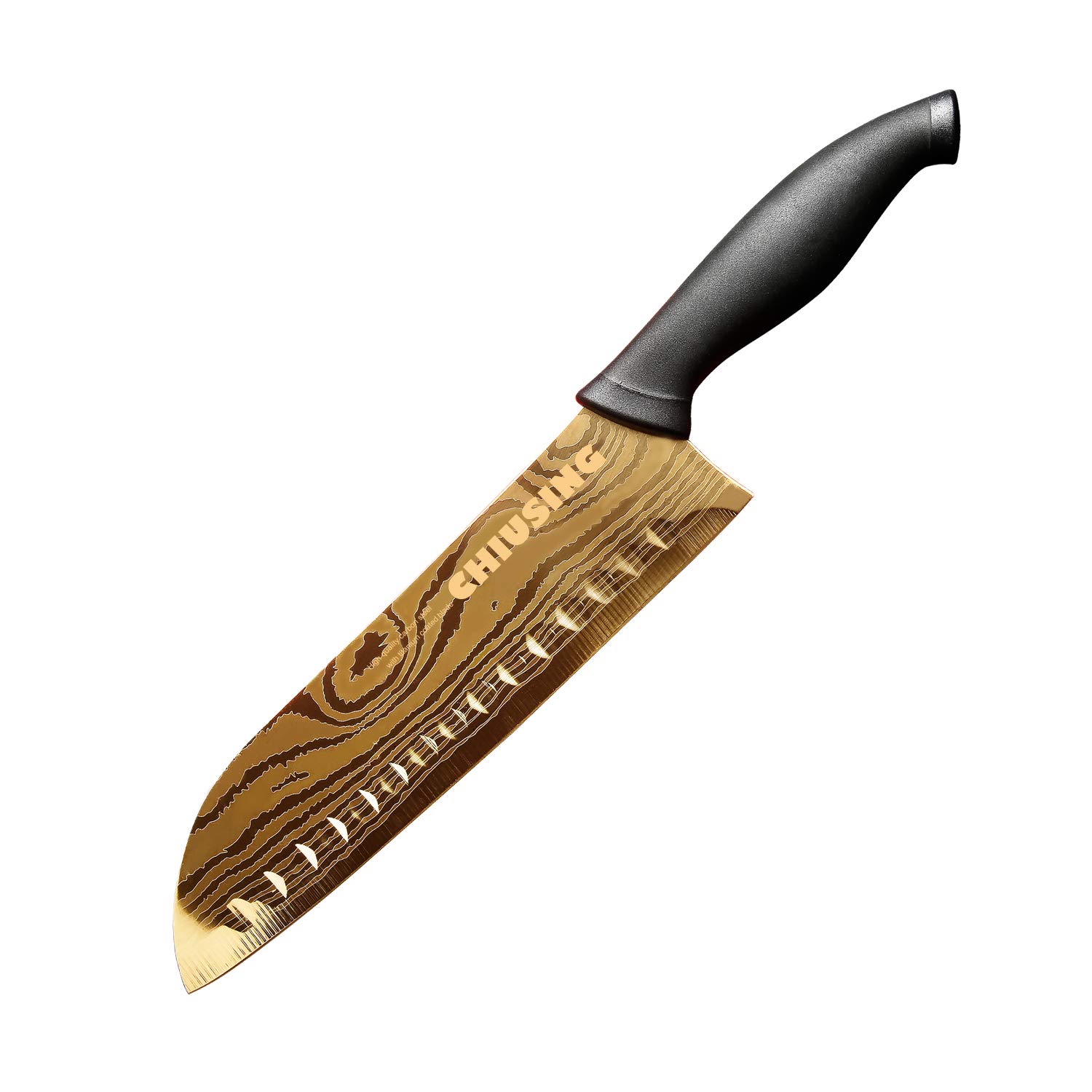 Stainless steel Santoku kitchen Knife CHIUSING Titanium Coated - 8 inch high carbon non-stick damascus pattern blade with anti-slip handle