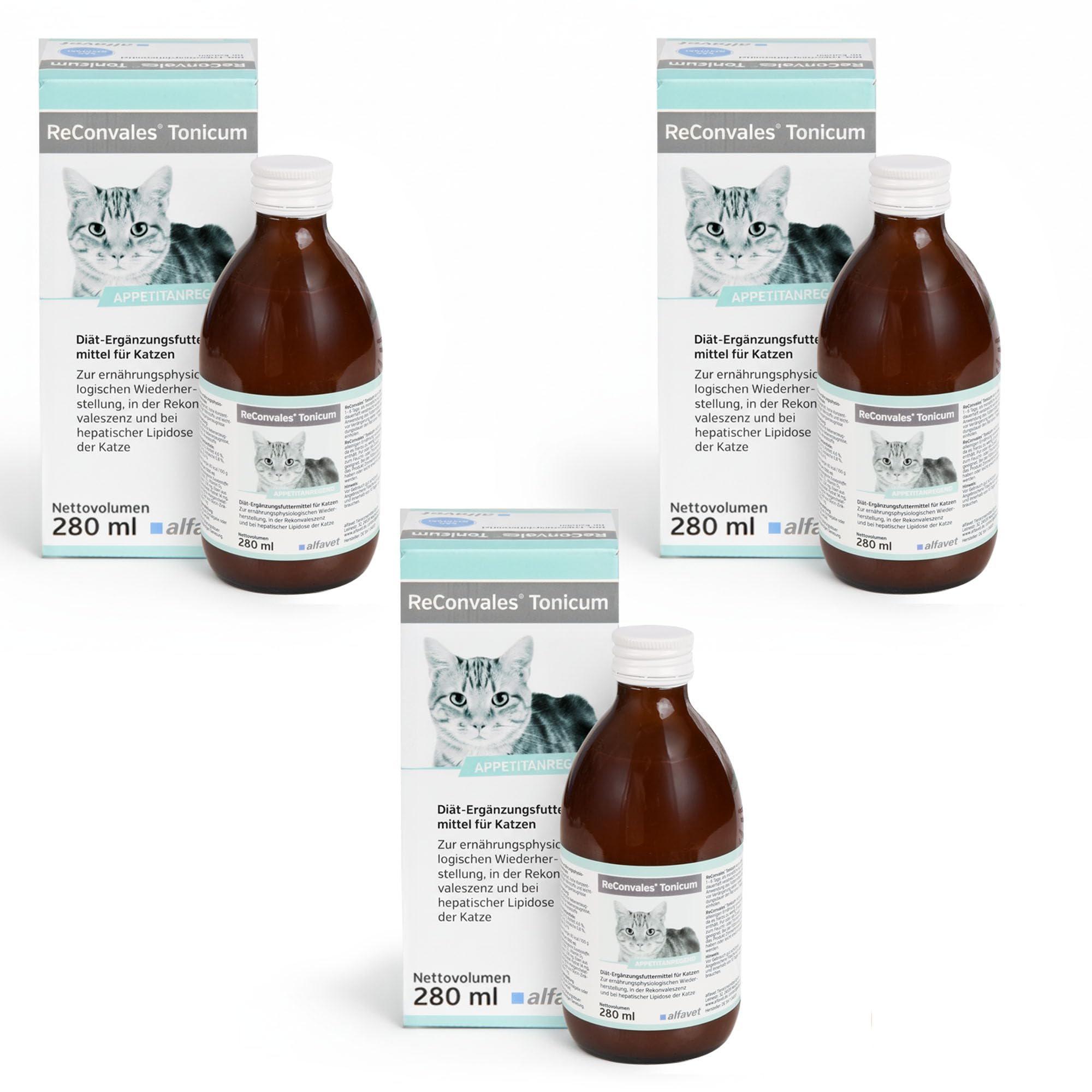 Alfavet ReConvales Tonicum para gatos | Pack de 3 | 3 x 280 ml | Complemento alimenticio dietético | Para la convalecencia, el bajo peso y la lipidosis hepática del gato