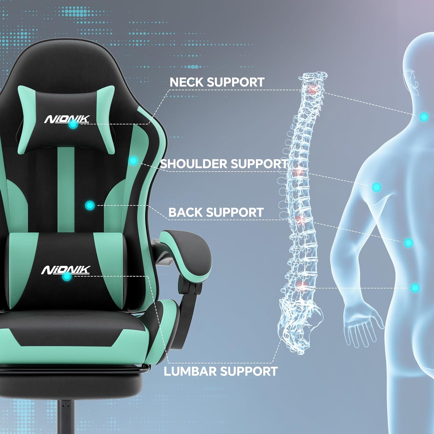 Gaming Chair, Ergonomic Computer Chair with Footrest and Lumbar Support, Height Adjustable Game Chair with 360°-Swivel Seat and Headrest and for Office or Gaming BLACKMINTGREEN