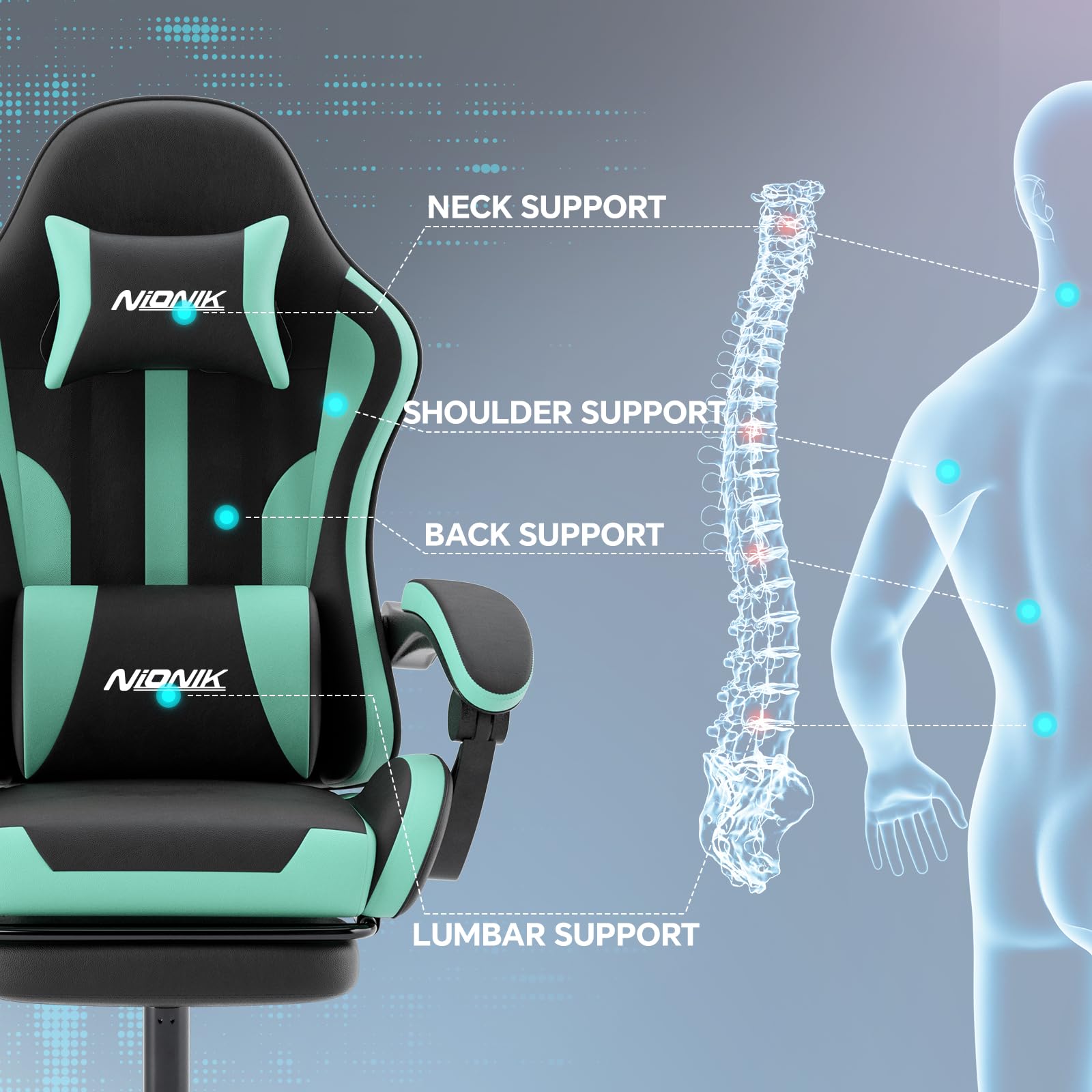 Bürostuhl Gaming Stuhl, Gamer Stuhls Computerstuhl mit Fußstütze, Gepolstert Gaming Chair,Gaming Sessel für Erwachsene, Drehsessel Schwarzes Minzgrün