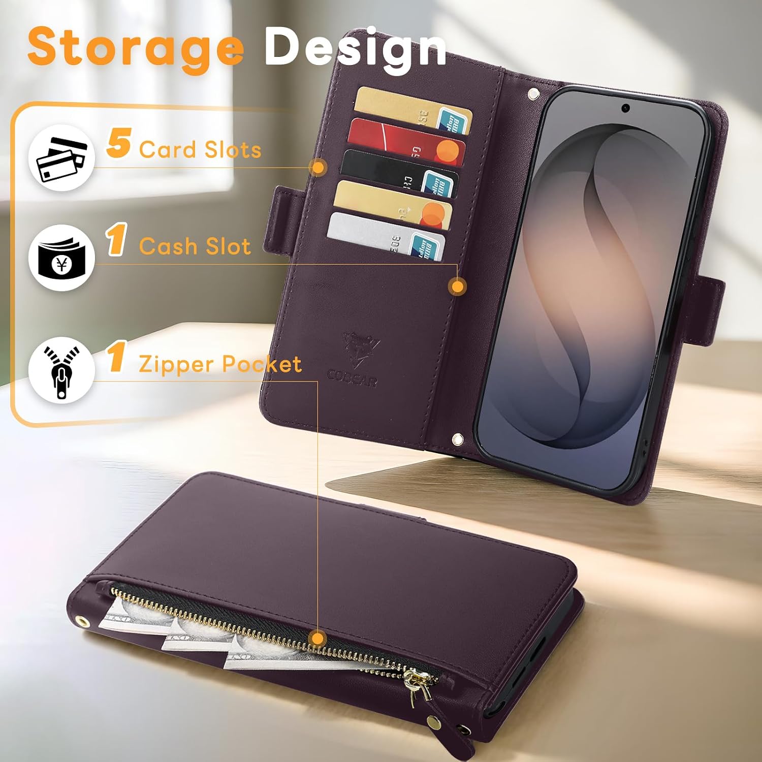 COBEAR for Moto G Stylus 5G 2025 Case Wallet, Pu Leather Flip Phone Case with Wrist Strap, Zipper Pocket, Kickstand, Women Men Phone Wallet Case with Card Holder for Moto G Stylus 5G 2025,Purple image 3
