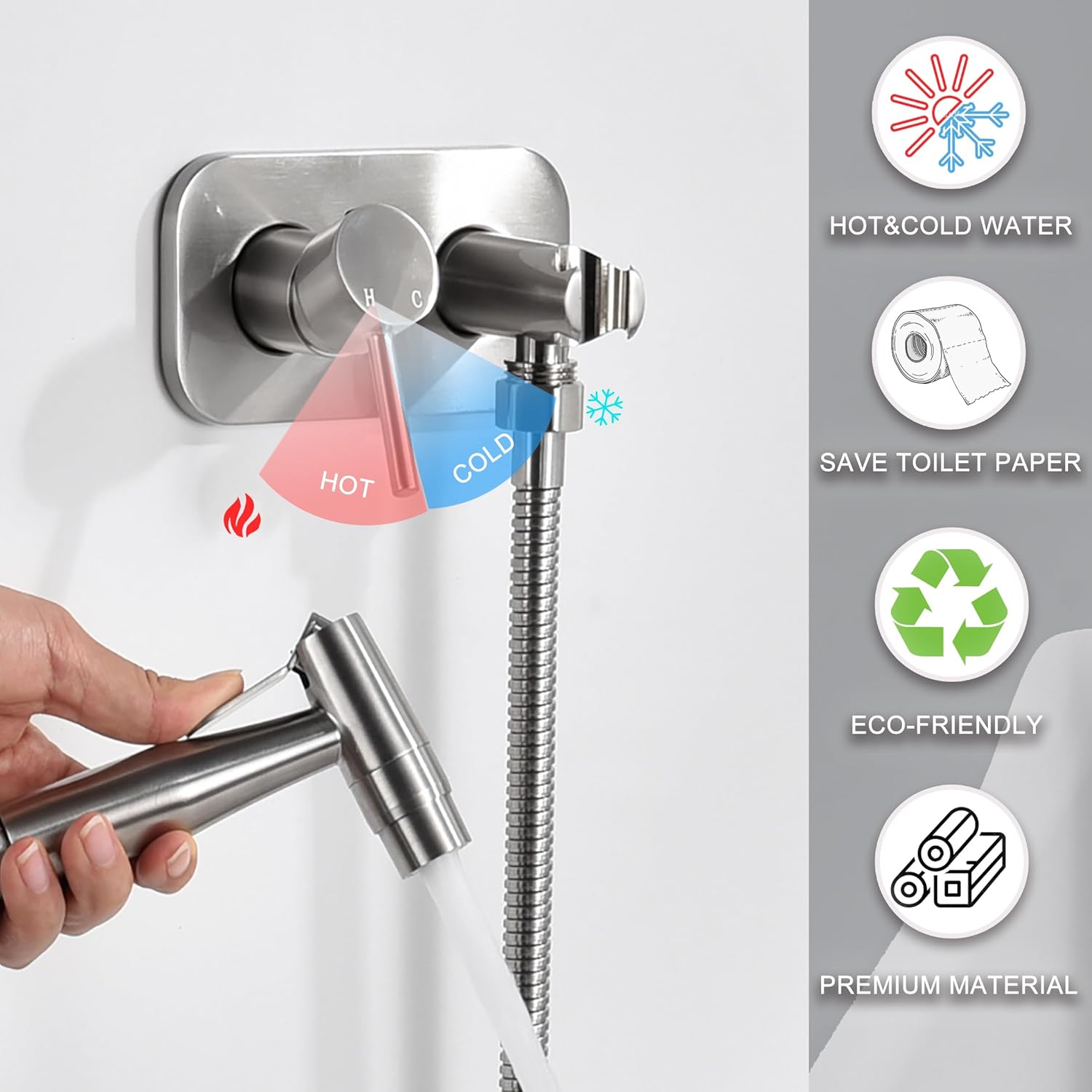 Handheld Bidet Sprayer - Brass Hot & Cold Mix Valve, Adjustable Pressure Head, SE-0002-BN