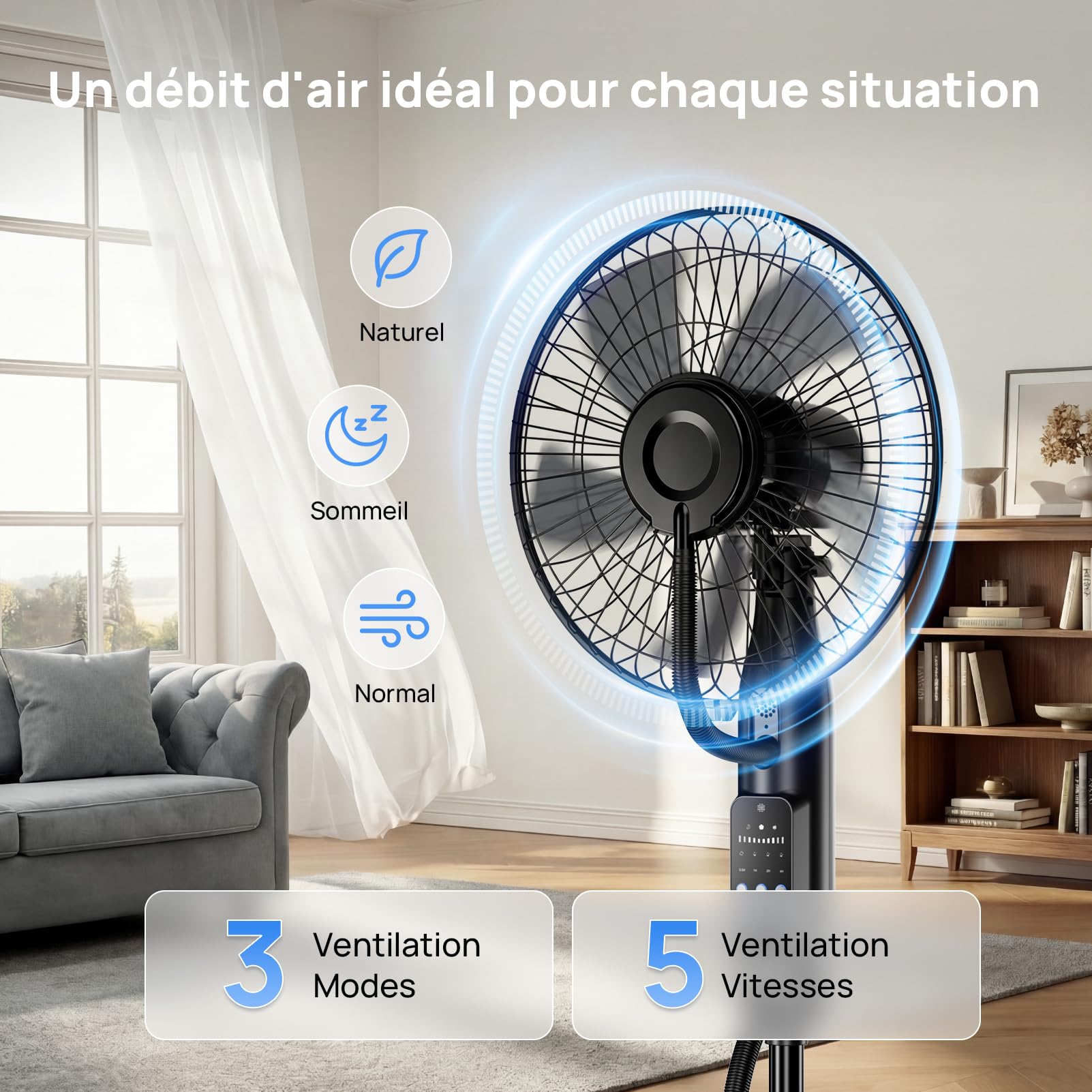NebulaFlow Ventilateur Brumisateur, 2026 Amélioré Réservoir 4L, 7,5H Ventilateur sur pied, Minuterie, 5 vitesses 3 modes, Ventilateur oscillant avec télécommande pour maison, chambre, bureau, terrasse
