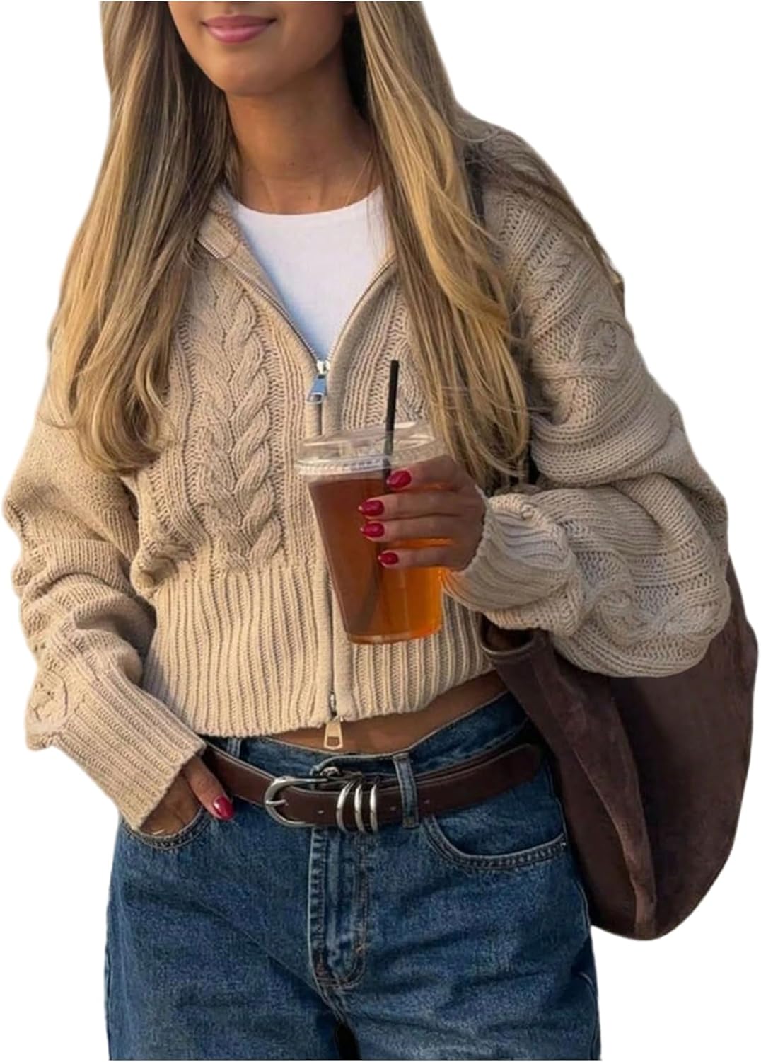 GORGLITTER Women's Cable Knit Cropped Zip Up Sweater Y2k Oversized Long Sleeve Vintage Fall Cozy Cardigans