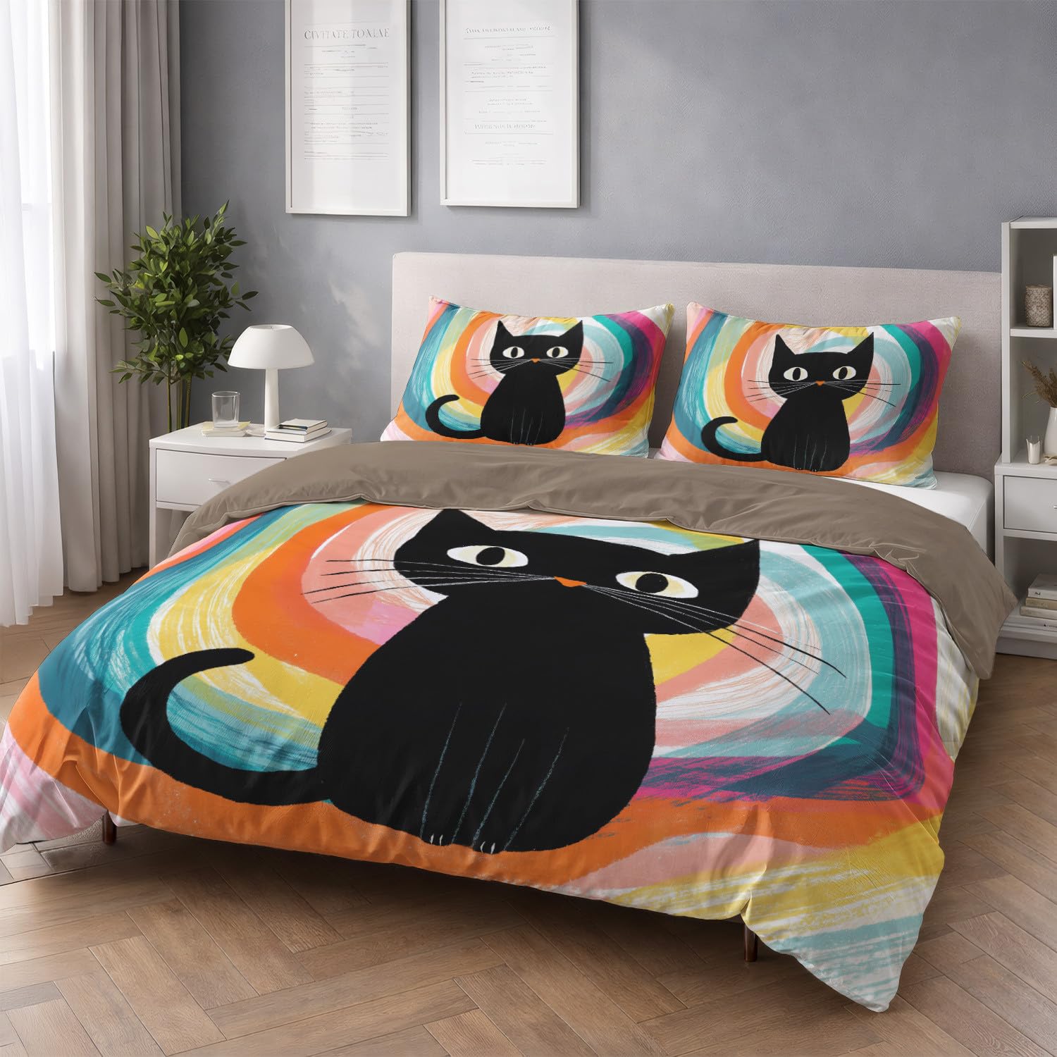 Kreskówka podwójna poszwa na kołdrę 240 x 220 cm miękka mikrofibra zestaw poszewek na kołdrę czarny zabawny kot wielokolorowy druk cyfrowy pościel dla młodzieży i dorosłych z dwoma poszewkami na