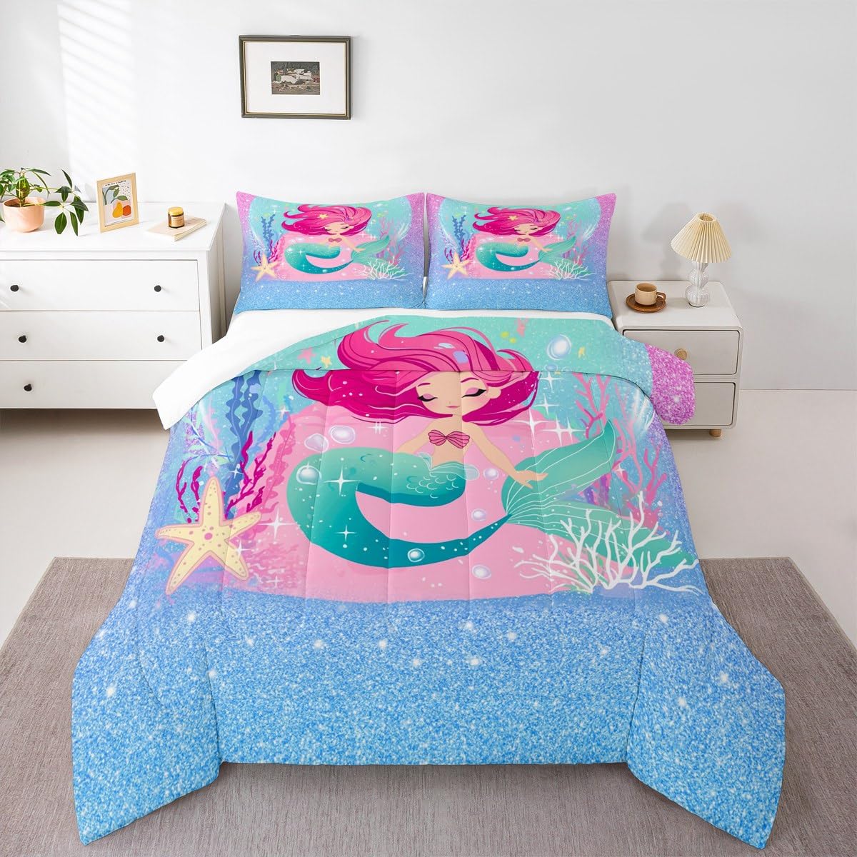 Set di piumone con sirena glitterata per bambini ragazzi ragazze oceano Trapuntaset per trapunte set per creatura e piumino per letto 135x200cm