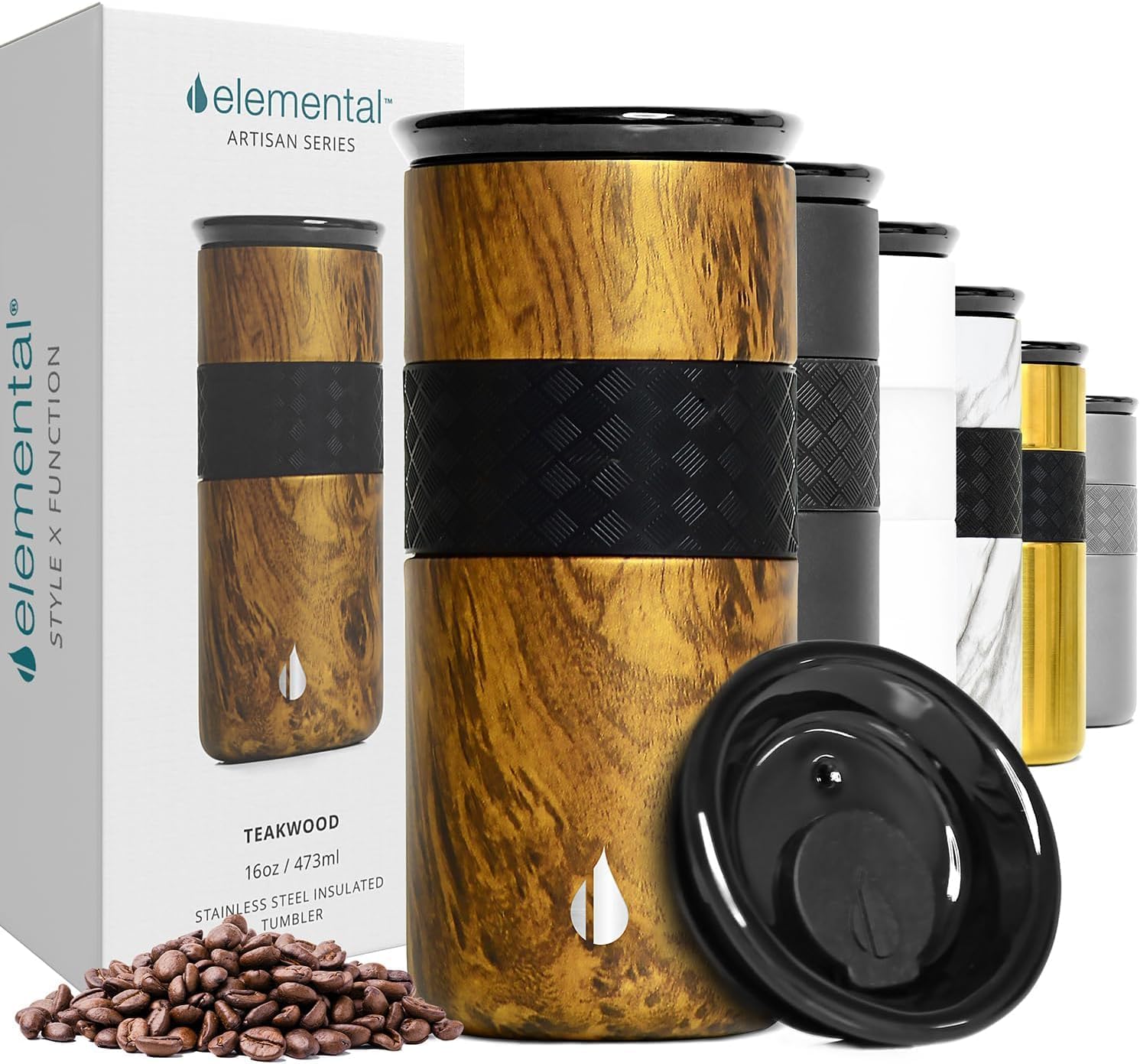 Elemental Artisan Inner Ceramic Coating Tumbler, Triple Wall Coffee Travel Mug, Reusable Stainless Steel Coffee Tumbler with Ceramic Lid for Hot (6 Hrs) & Cold (18 Hrs), 16oz - Teakwood