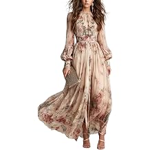 Vintage Floral Print Chiffon Maxi Dress, Long Lantern Sleeve Elastic Waist Front Slit Dress