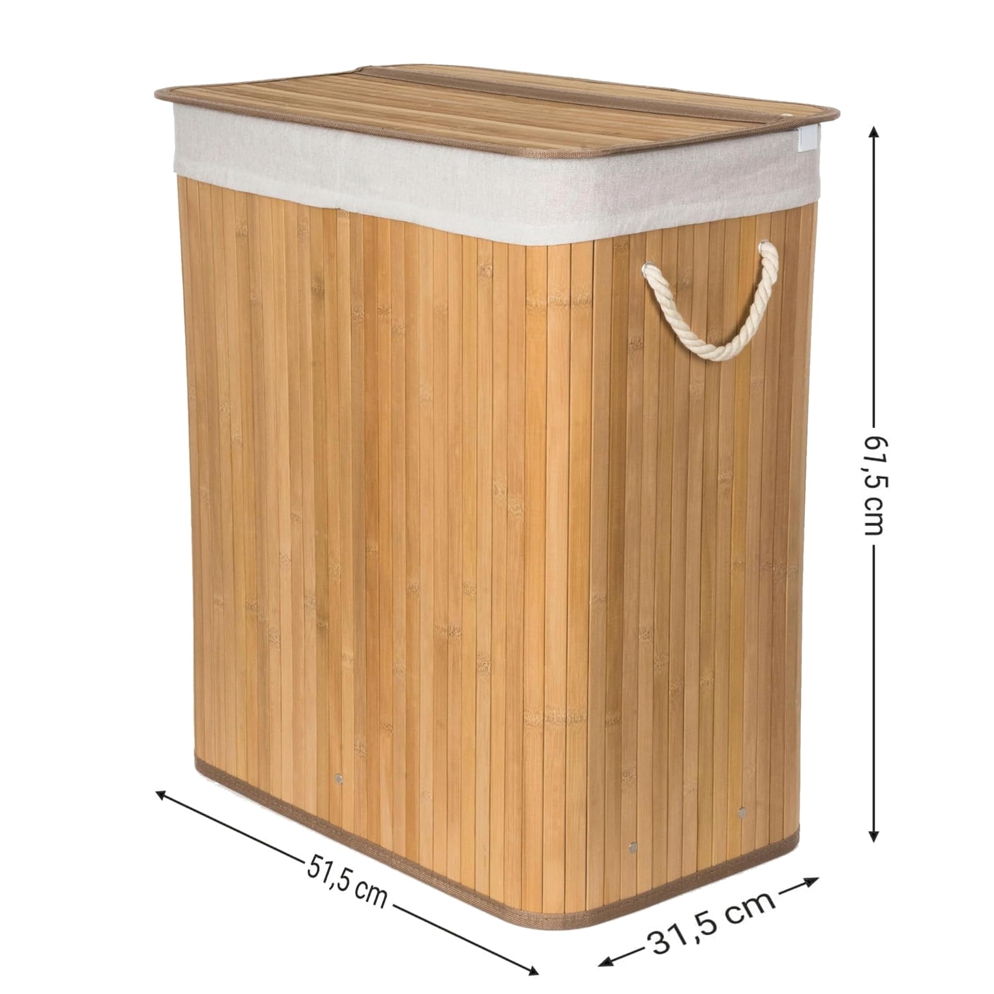 Comart - Wäschekorb aus Bambus - 100 l - 2 Fächer - platzsparender Korb - zusammenklappbar - mit Deckel und Griffen - herausnehmbares Innenfutter - für Handtücher und Wäsche - für Wäsche und Bad