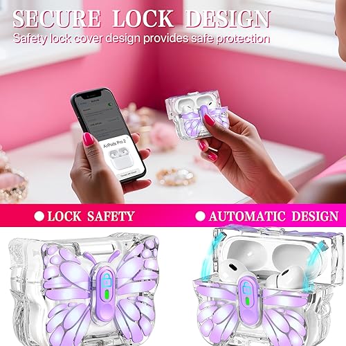 Miniatura 2 de R-fun Funda para AirPods Pro 2 Butterfly Artistry - Tapa desplegable automática y función de soporte, protección de grado militar de 360 con hermosa