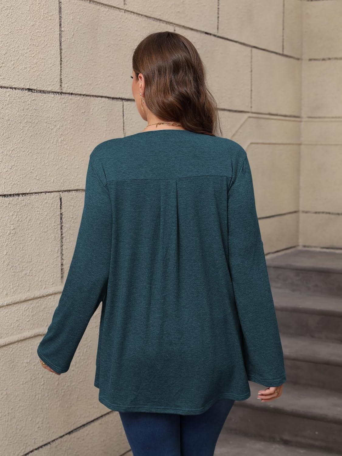 Women's Plus Size Tops V Neck Roll Up 3/4 Sleeve Tunic Pleated Casual Shirts Trendy Dressy Flowy Going Out Blouse - Image 4