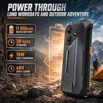 Rugged Smartphone, 11000mAh,NFC, 6.56HD 24G+256GB Android 16 Phone, Black