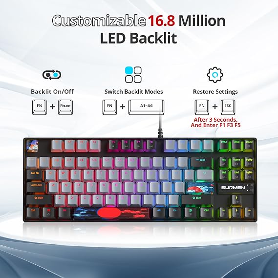 TKL Gaming Keyboard 80 Percent, RGB Mechanical Keyboard American QWERTY, 87 Keys Wired Keyboard Backlight with Linear Red Switch for PC Gamer 87 Dolch