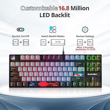 TKL Gaming Keyboard 80 Percent, RGB Mechanical Keyboard American QWERTY, 87 Keys Wired Keyboard Backlight with Linear Red Switch for PC Gamer 87 Dolch