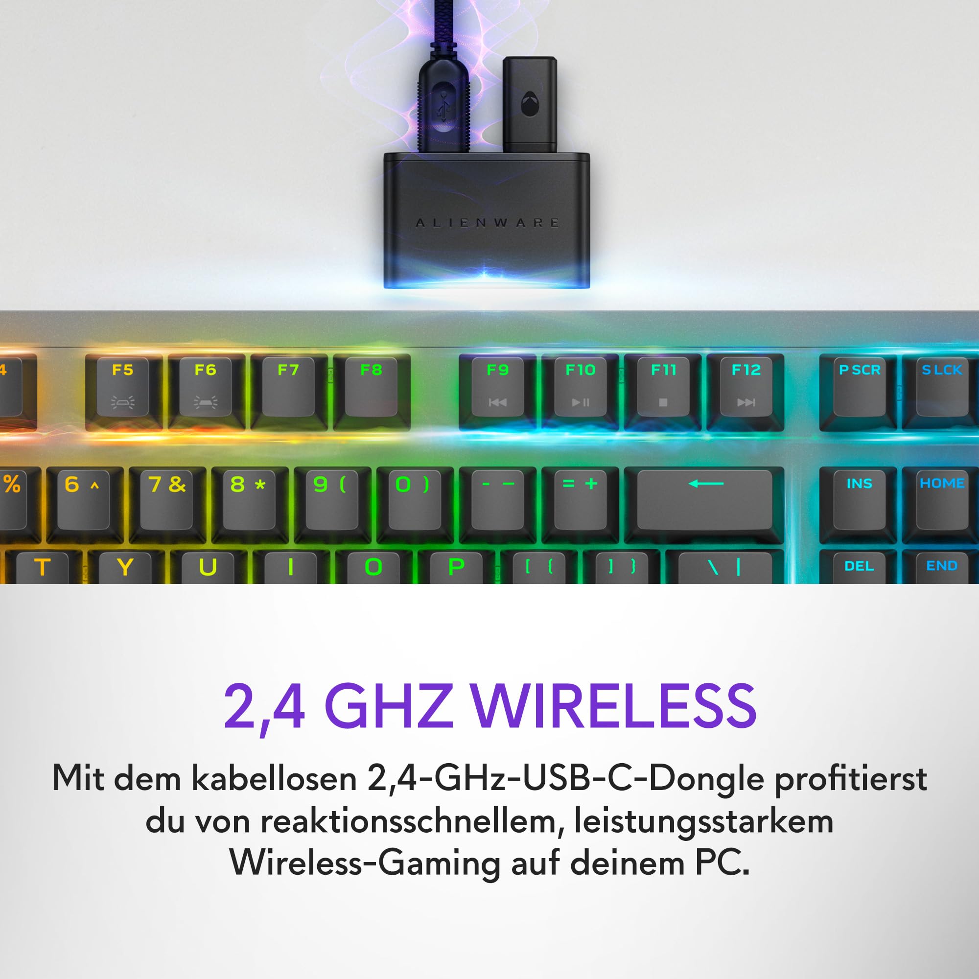 Alienware AW920K Wireless Tri-Mode Gaming Tastatur – Mechanisch CHERRY MX Red, AlienFX RGB, USB 2.4 GHz Bluetooth 5.1, US QWERTY Layout, Dark Side of the Moon