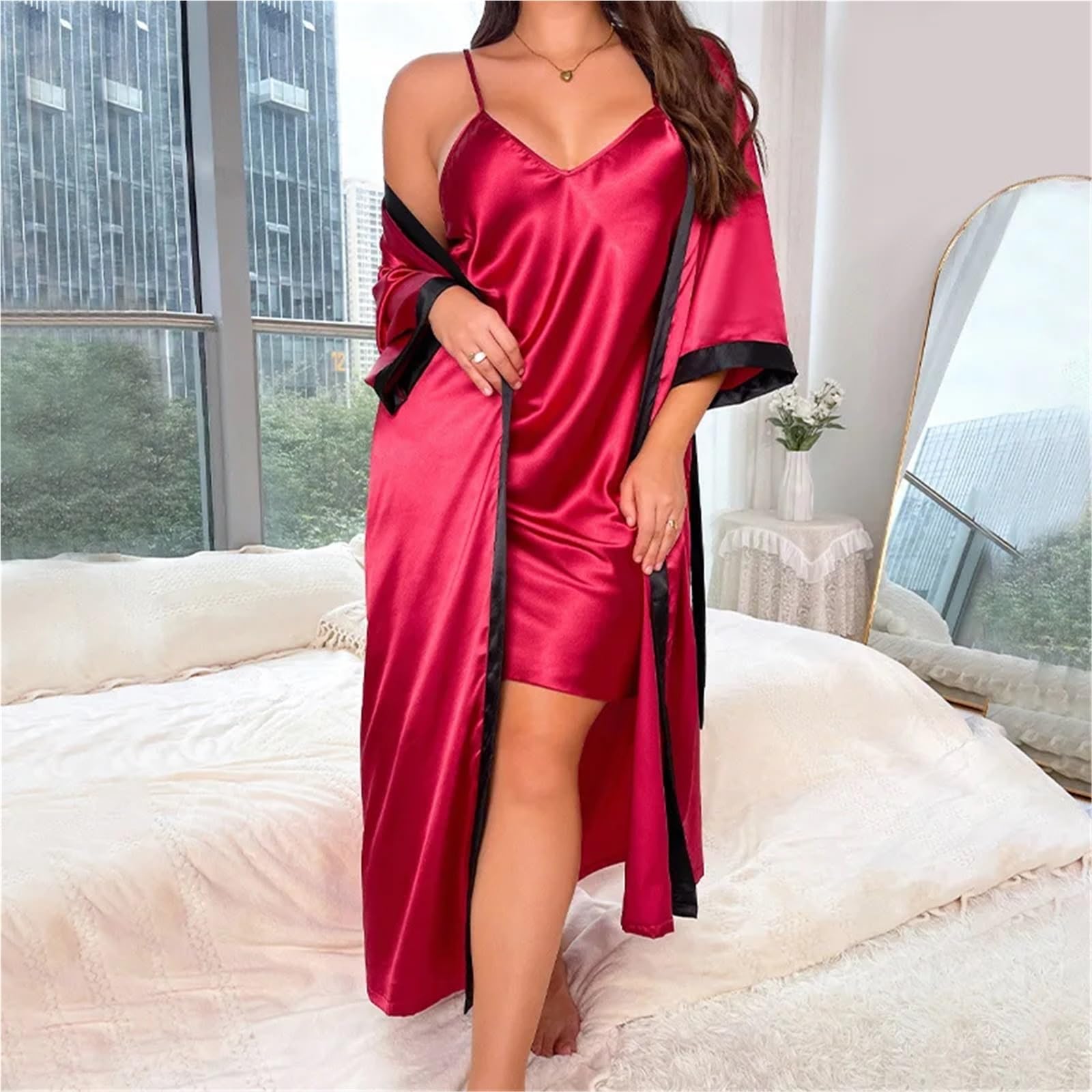 Ensemble Nuisette et Peignoir Grande Taille 3XL 4XL 5XL, Chemise de Nuit Ample en Satin for Femme, vêtements d'intérieur Sexy, Lingerie, 2 pièces, Kimono(Pink,4XL)