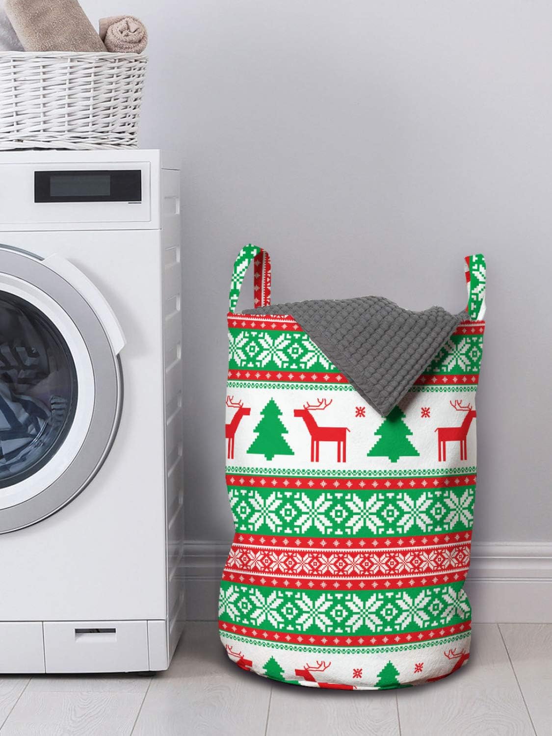 Ambesonne Christmas Laundry Bag, Knit Style Graphic Reindeer Star and Snowflake Holiday Family Theme, Hamper Basket with Handles Drawstring Closure for Laundromats, 13" x 19", White Green