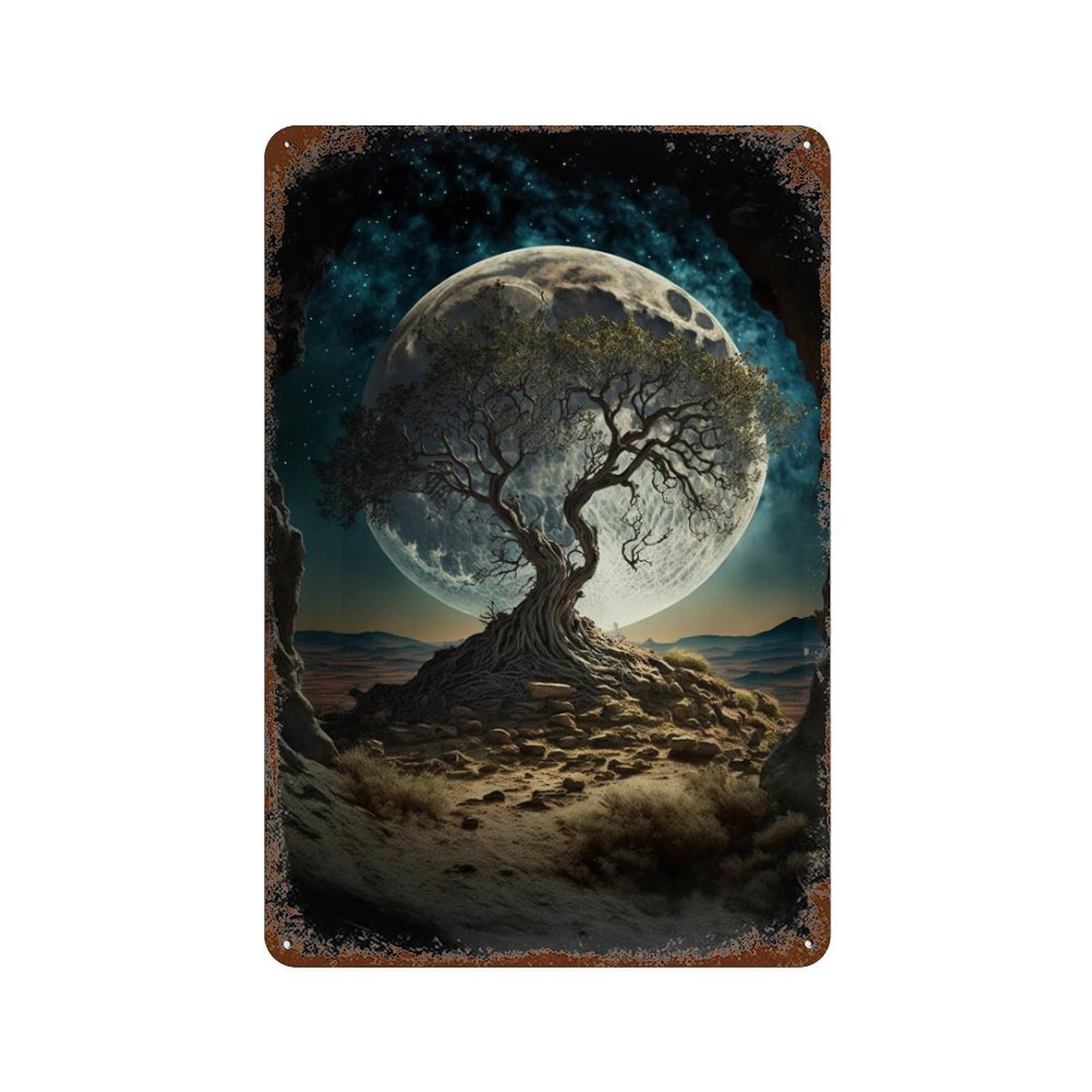 Enchanted Desert Moonlit Scene Rusty Metal Tin Sign 11.8"x7.9", Shabby Chic Decor for Garage, Bar And Workshop Decor