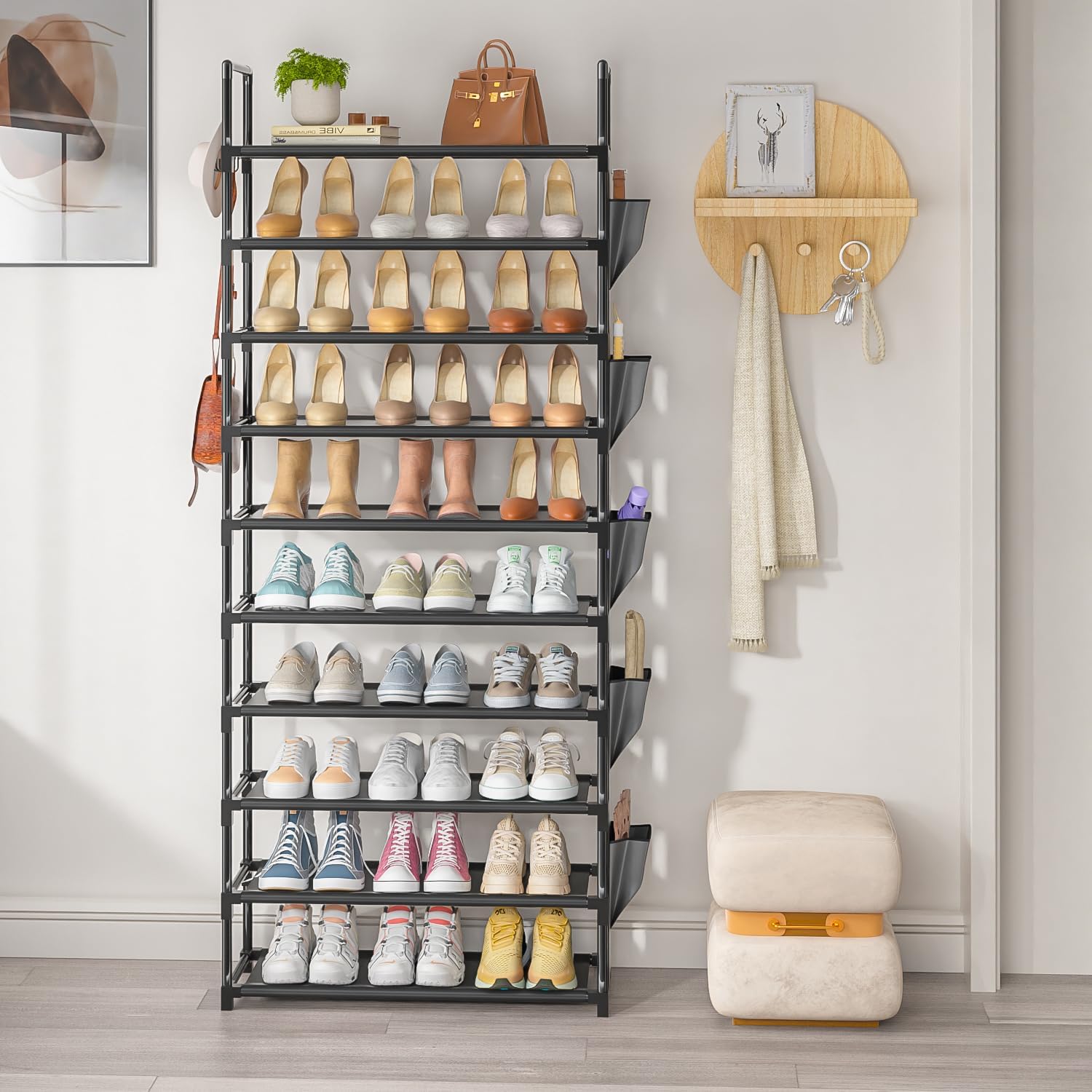 Tall Shoe Rack - 10 Tier Shoe Organizer with Metal Shelf, 5 Hooks, Pocket & Sturdy Stand for Closet Shoes