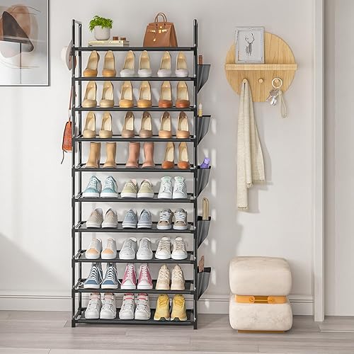 Miniatura 8 de Zapatero Alto de 10 Niveles Organizador de Zapatos de 10 Niveles para Armario, Estante de Zapatos de Metal con Almacenamiento, Torre de Zapatero