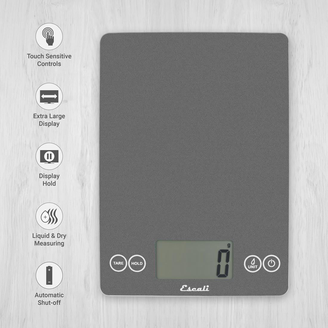 Escali 157GS Balance de Cuisine Arti Glass, Balance de Précision avec Affichage LCD, Accessoires Cuisine, 6.8 kg (15lb), Gris, 23 x 16,5 x 2 cm