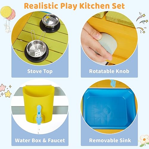 Miniatura 4 de Cocina de barro para niños, juego de cocina de madera al aire libre para niños pequeños con fregadero y grifo extraíbles, caja de agua, estufa