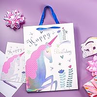 Vista 6 de WRAPAHOLIC Bolsa de regalo de cumpleaños grande de 13 pulgadas con tarjeta y papel de seda, adorable unicornio con lámina plateada holográfica