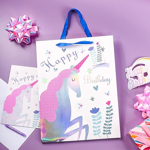 Miniatura 6 de WRAPAHOLIC Bolsa de regalo de cumpleaños grande de 13 pulgadas con tarjeta y papel de seda, adorable unicornio con lámina plateada holográfica