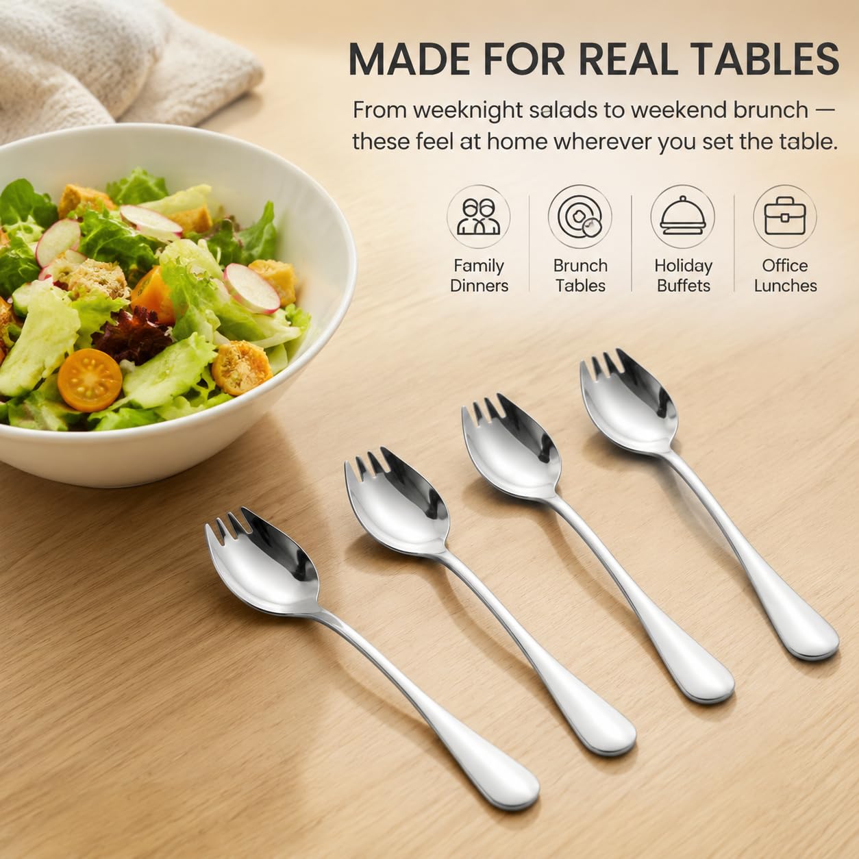 4 Stainless Steel Sporks - Salad Forks & Serving Spoons -7 4 Stainless Steel Sporks - Salad Forks & Serving Spoons -7