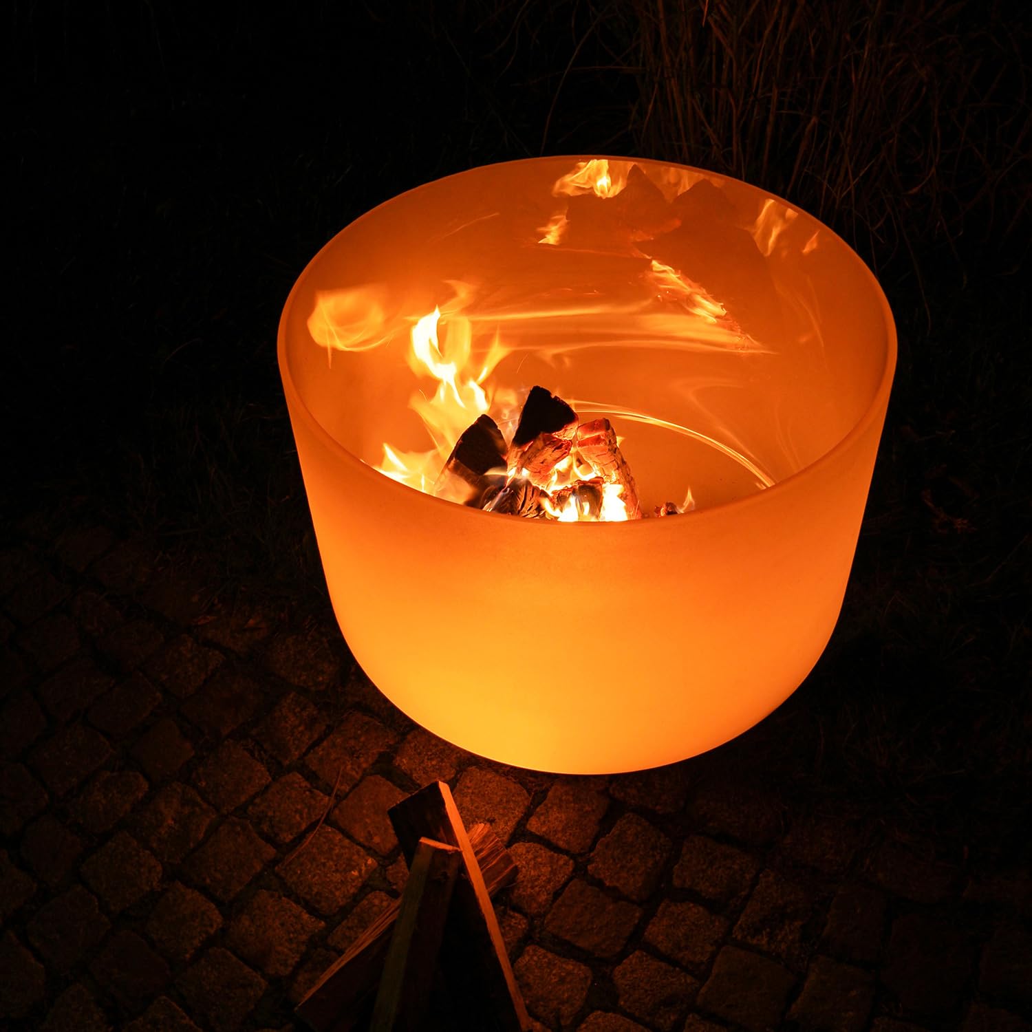 Comfy Moments Feuerschale 60cm Quarzglas Feuerstelle feuerfestes Glas mit Edelstahl Sockel und Deckel Feuerkorb für Terrasse und Garten
