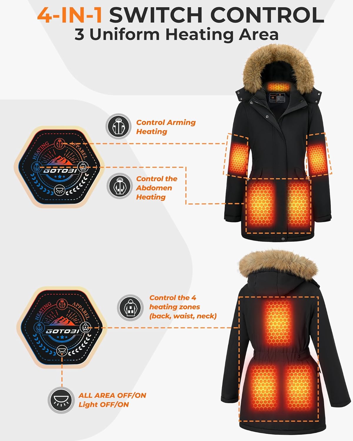 Graphene Long Heated Jacket for Women with 18400mAh 12V Battery Pack, Womens Parka Coat with Faux Fur Detachable Hood - Image 5