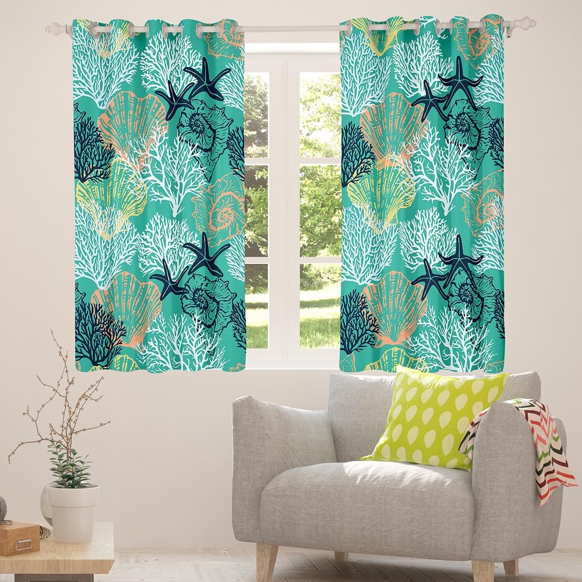 Summer Beach Kids Window Curtains,Starfish Coral Conch Shell Lake House Cabin Girls Boys Window Drapes,Hawaii Ocean Marine Life Sea Blue Window Treatments Grommet Top 2 Panel Set,38Wx45L inch