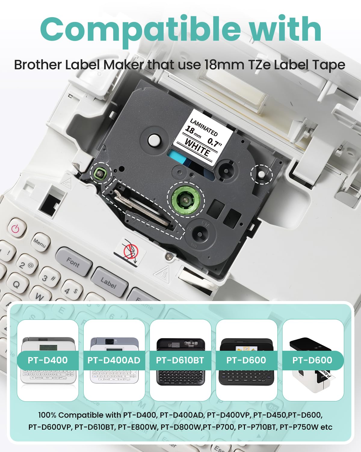 Nastro per etichette di ricambio da 18 mm per TZe-241 Brother Label Maker Tape 18 mm 0,7 pollici Tz laminato bianco TZe241 P-Touch nero su bianco per PTD410 PT-D400 PT-D610BT PTD600 ricarica, 3/4